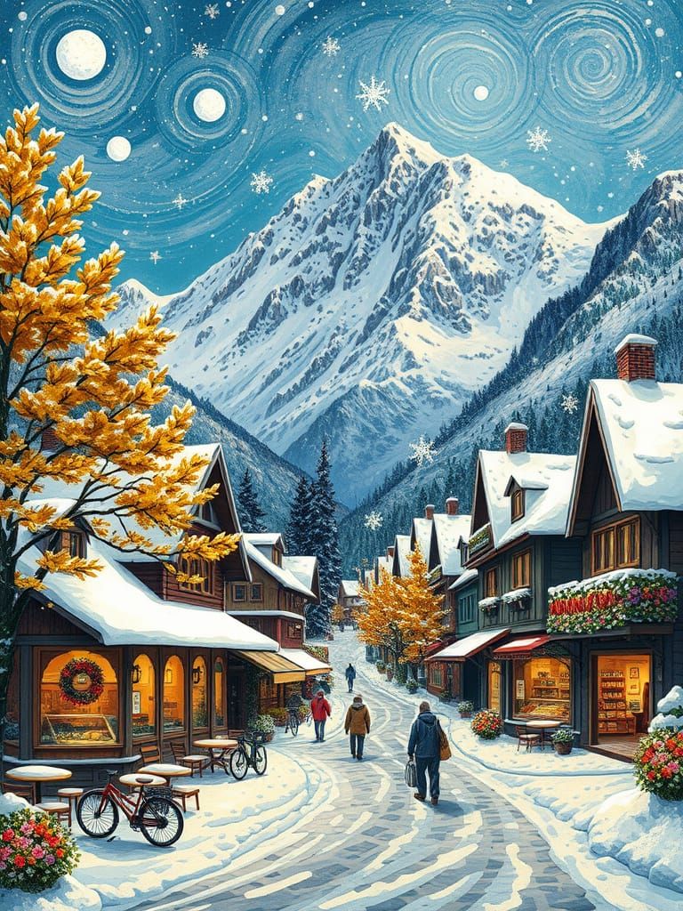 Whimsical Winter Village in Expressive Post-Impressionist St...