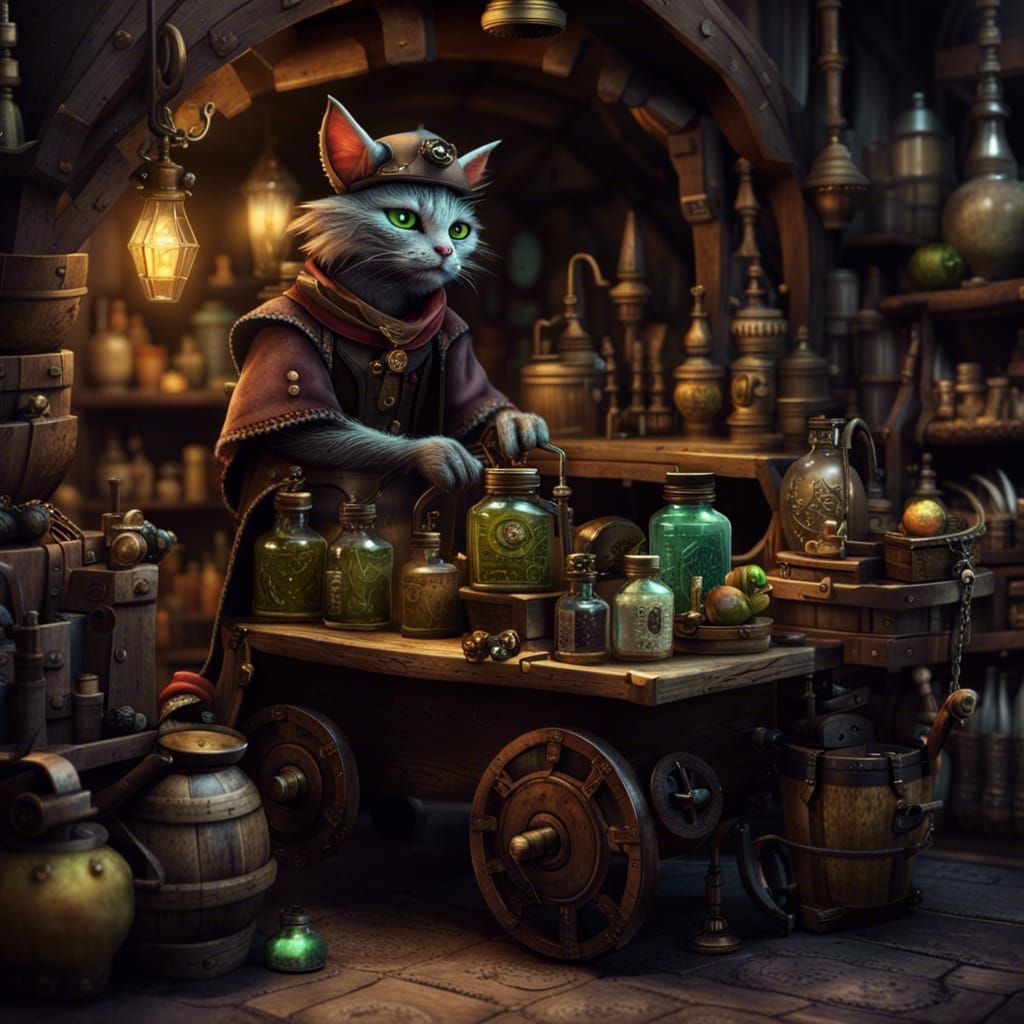 Cat Goblin Merchant in Steampunk Fantasy Style