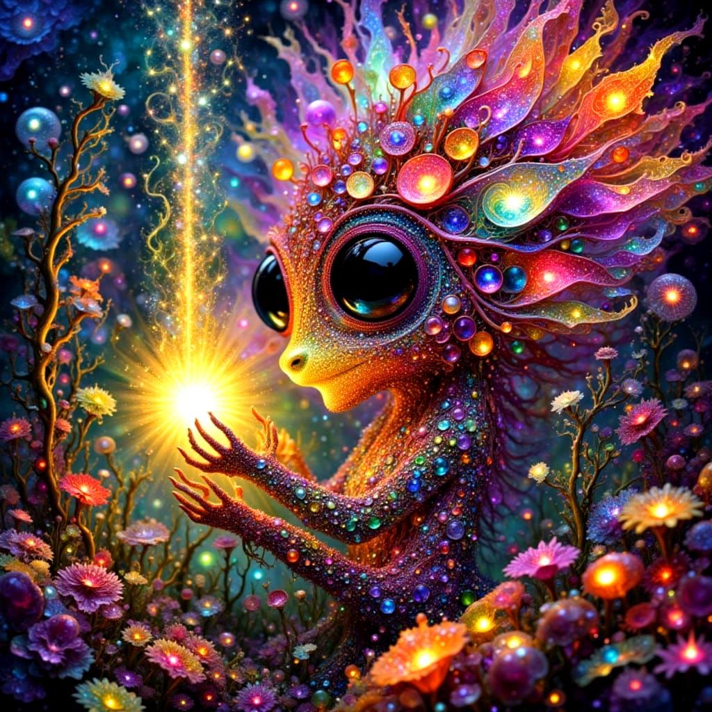 Whimsical Forest Creature with Intricate Magical Flower