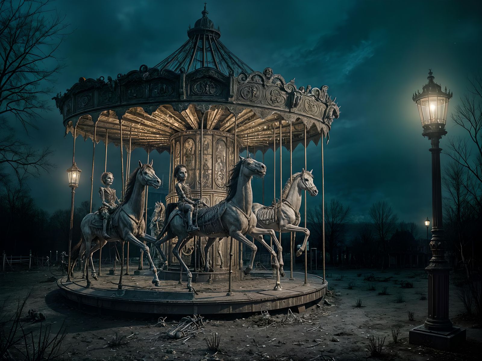 Creepy Carousel from Hell with Skeletal Horses