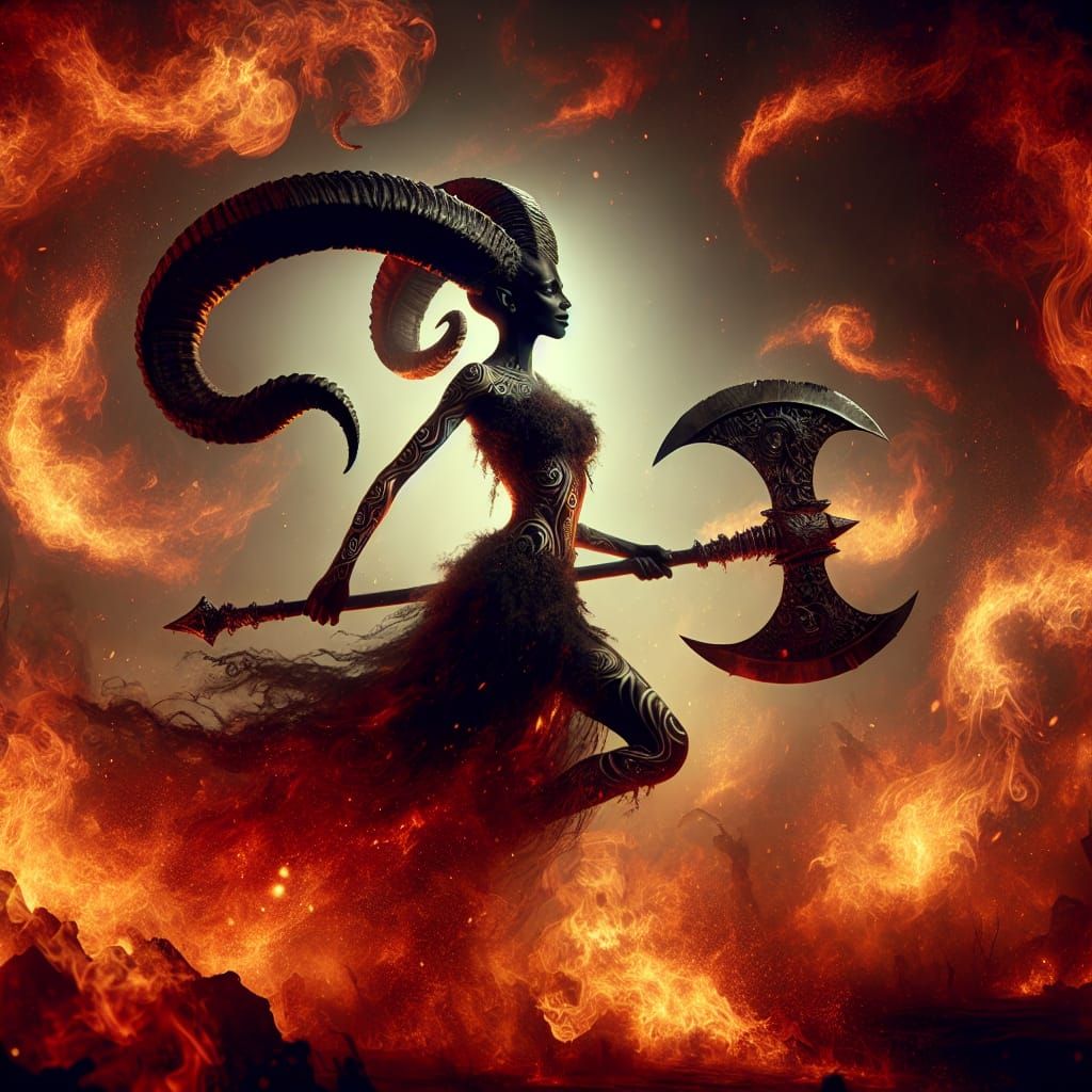 a stunning female demon with large curved ram horns holding ...