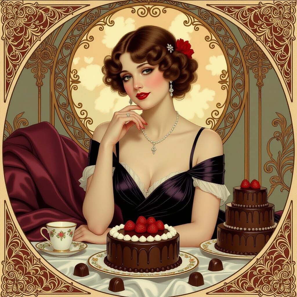 Elegant Woman Surrounded by Chocolate Cake, in Art Nouveau S...