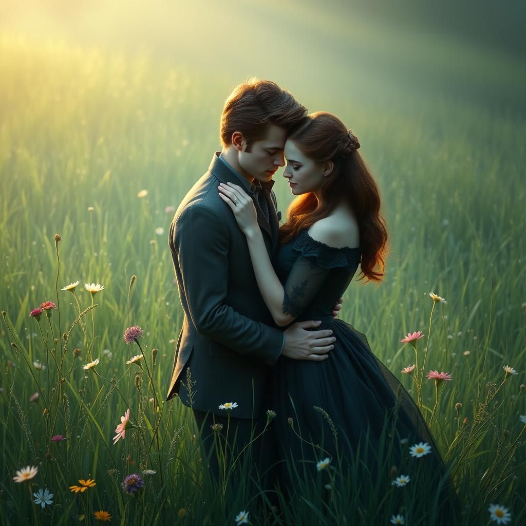 Lovers Embrace in Ethereal Meadow, Fantasy Realism