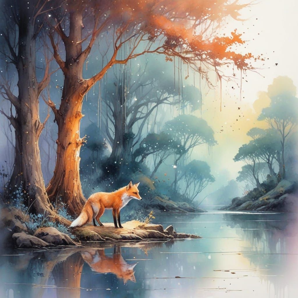 Mystical Fox Under Enchanted Starry Canopy