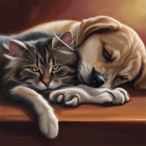 Hyperrealistic Cat Napping with Dog