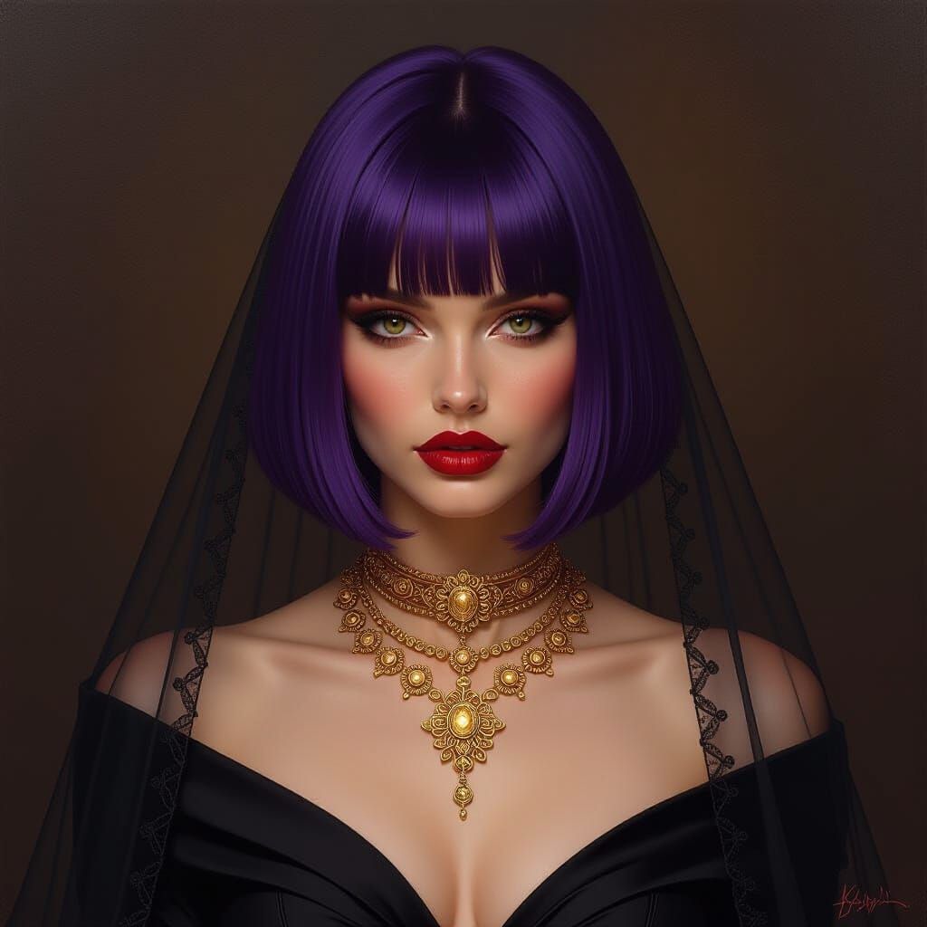 Sensual Oil Painting of Woman with Purple Bob and Veil