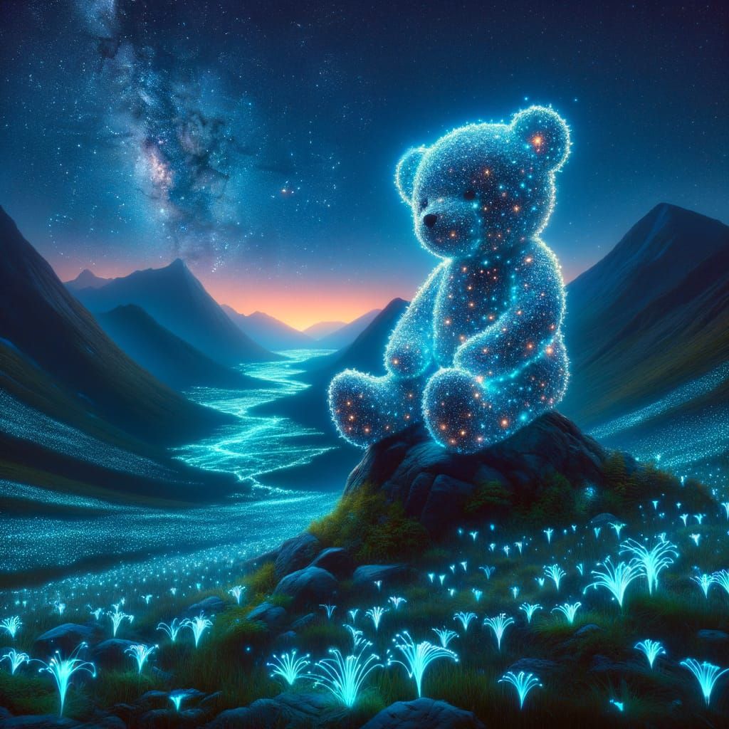 Cosmic Teddy Bear on Mountain Peak