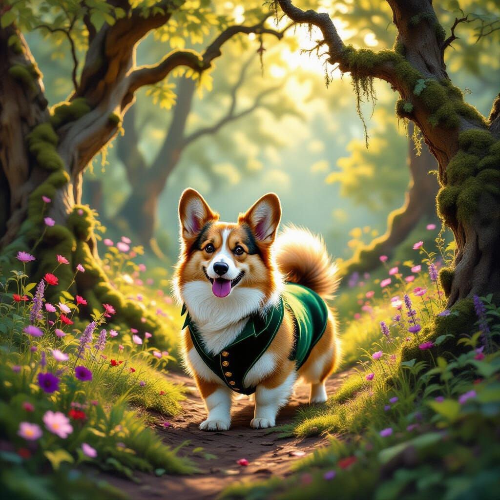 Regal Corgi in Velvet Waistcoat in Enchanted Forest