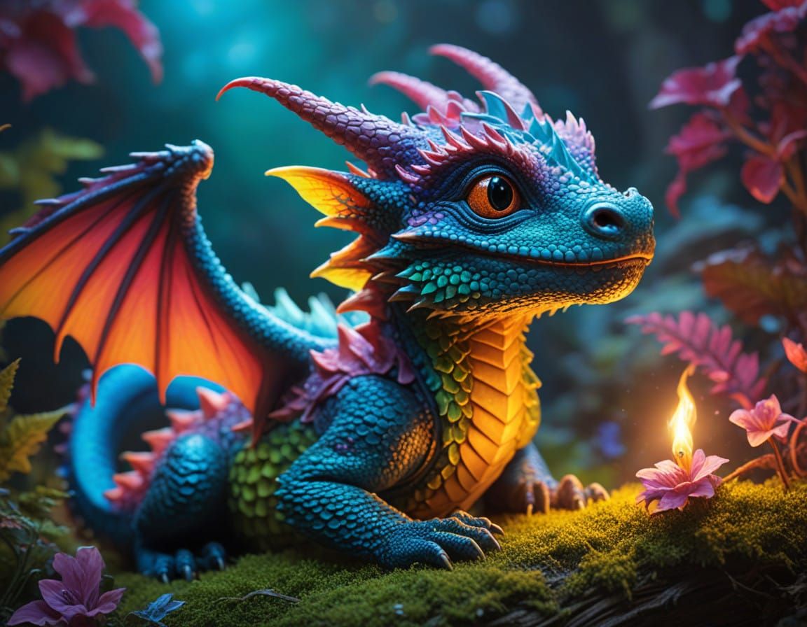 Enchanted Baby Dragon in Vibrant Dreamscapes