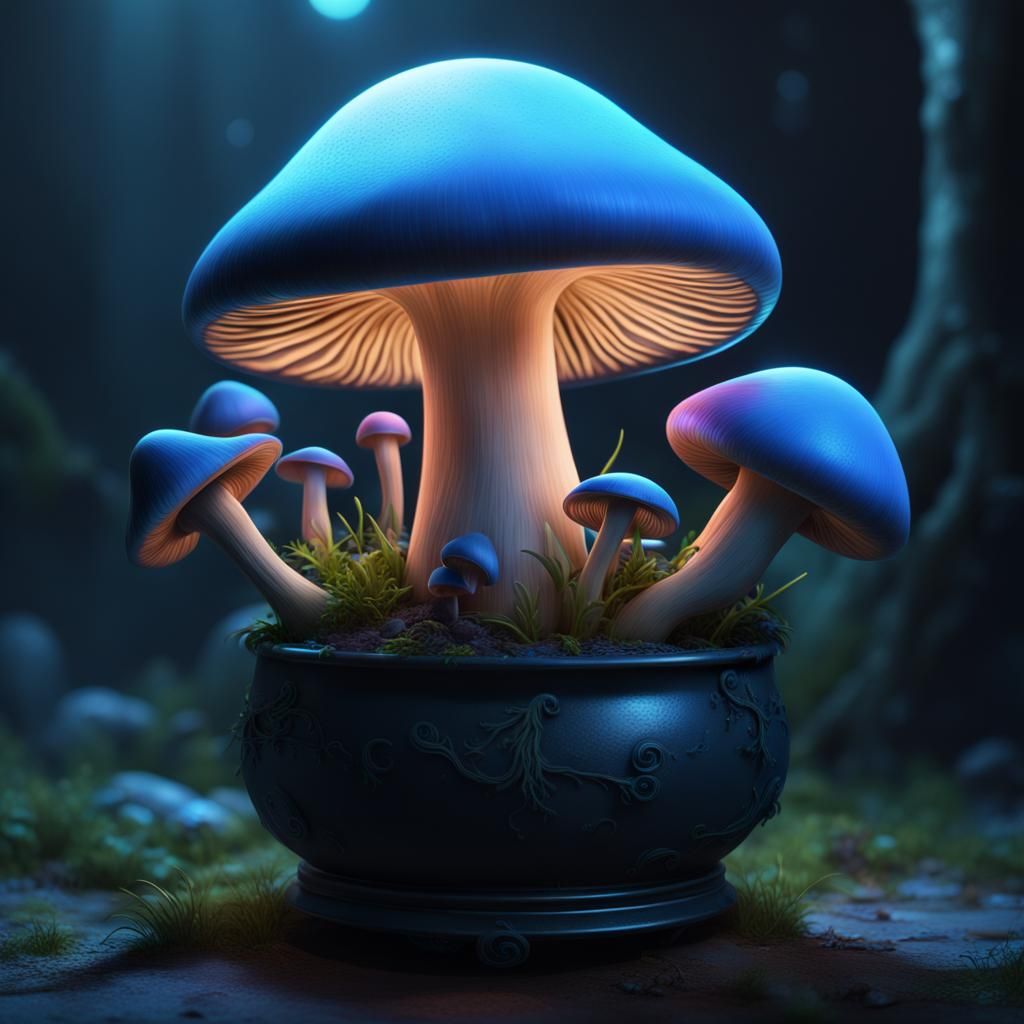 Bioluminescent Blue Mushroom in Pot: Detailed Matte Painting