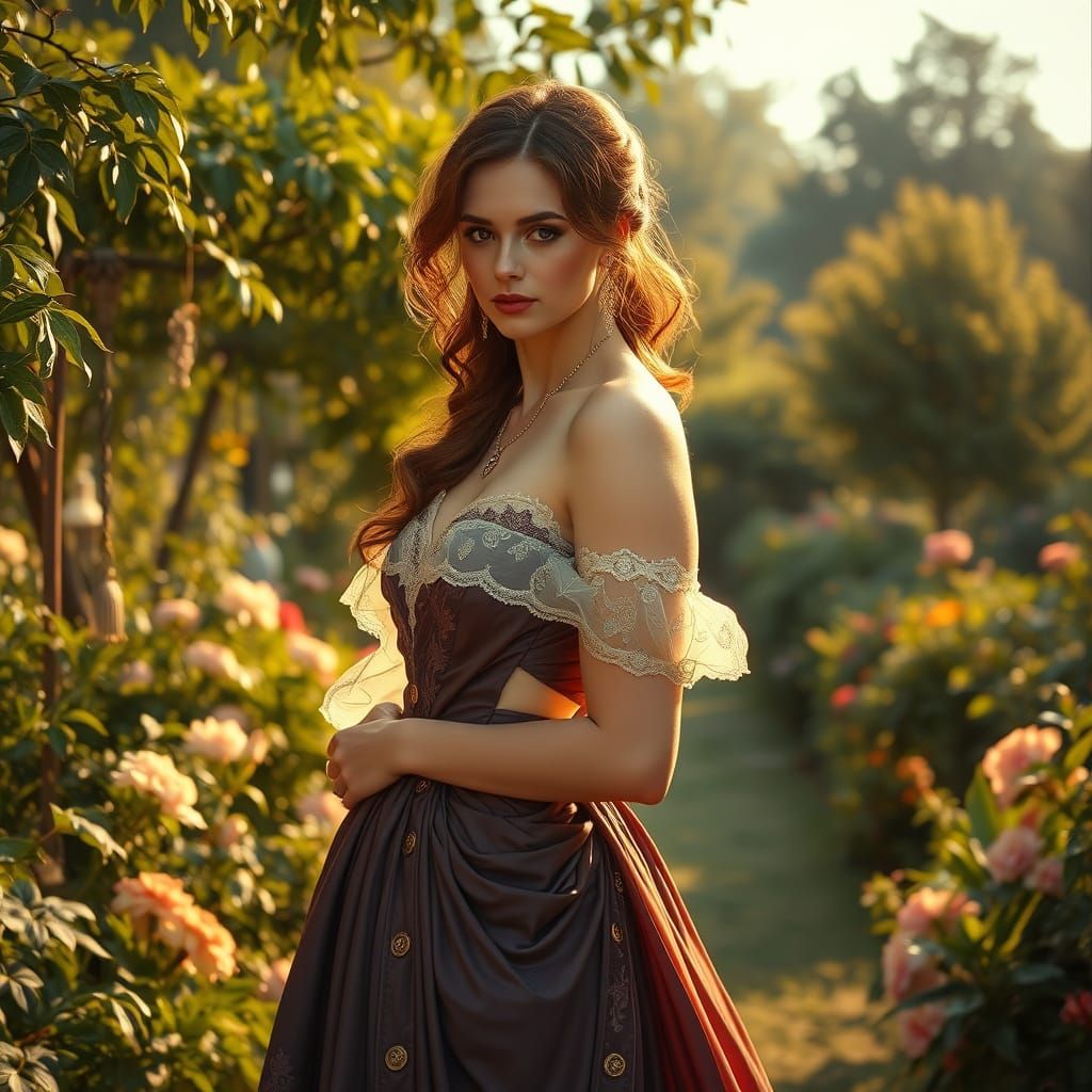 Elegant Lady in Garden, Inspired by Art Nouveau