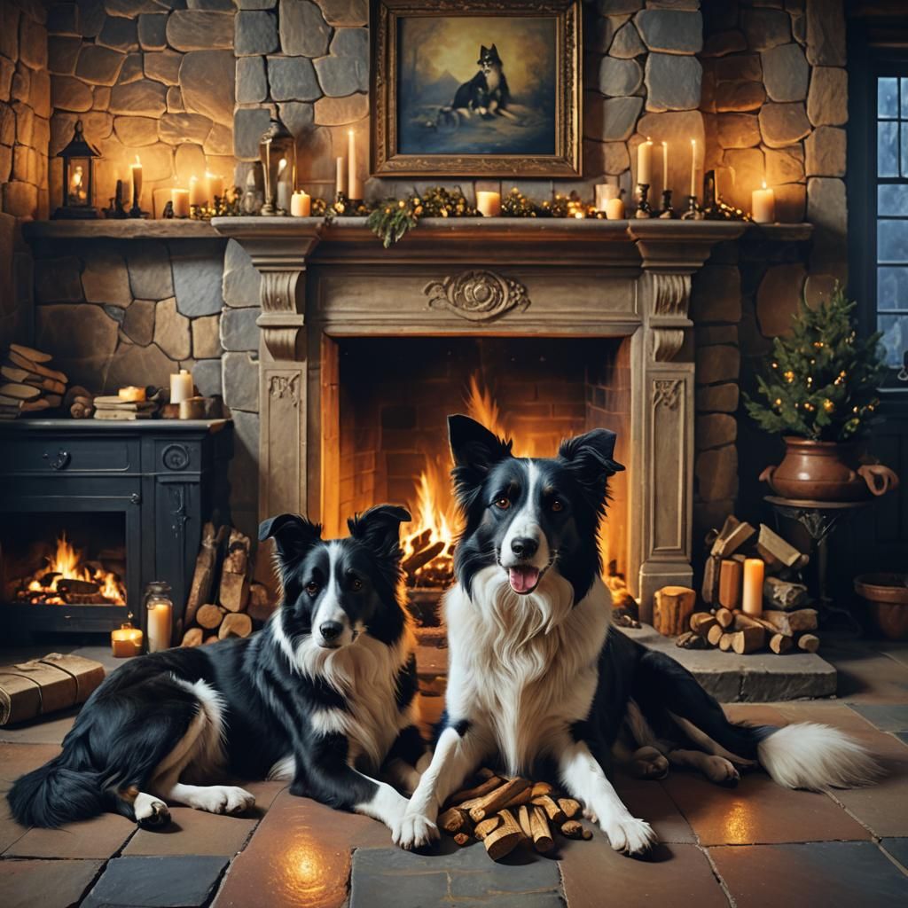 Dogs Cuddling by Fireplace in Fantasy Realism