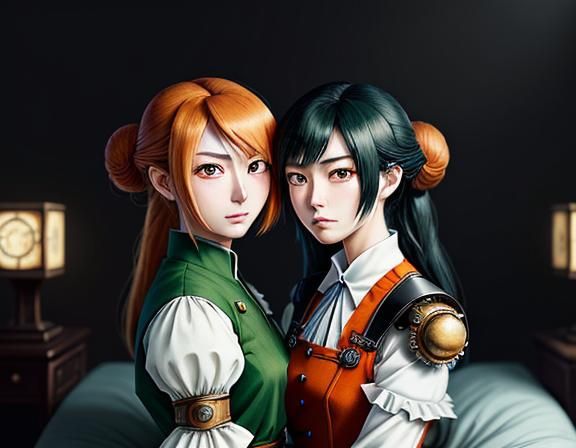 Kemono Twin Sisters Kiss in Steampunk Manga Style