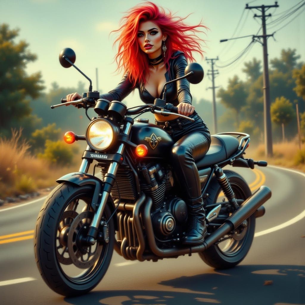 Punk Woman on Motorcycle in Grunge Style