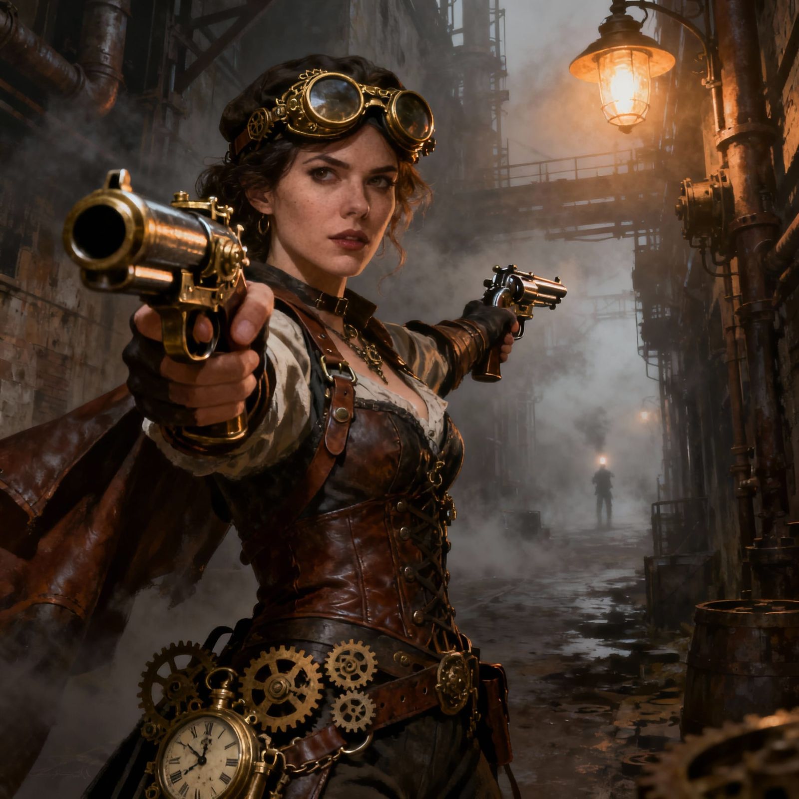 Steampunk Woman Aims Revolver in Foggy Alley