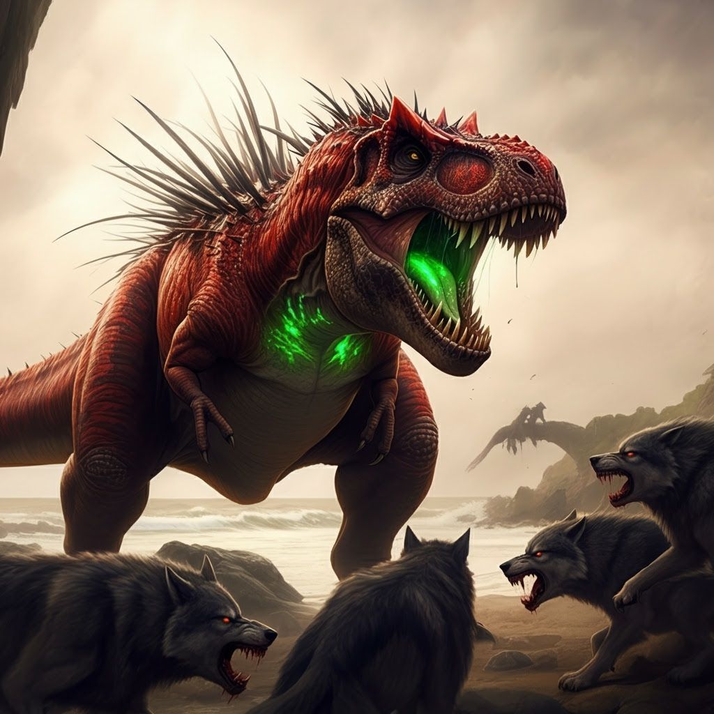 Mutated T-Rex Battles Werewolves on Rocky Beach