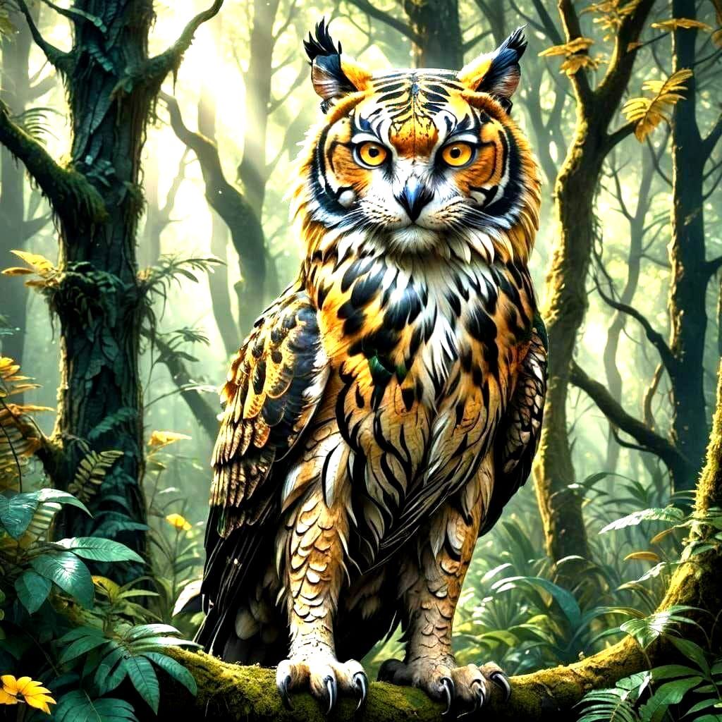 Hyperrealistic Tiger-Owl Hybrid in Fantasy Style
