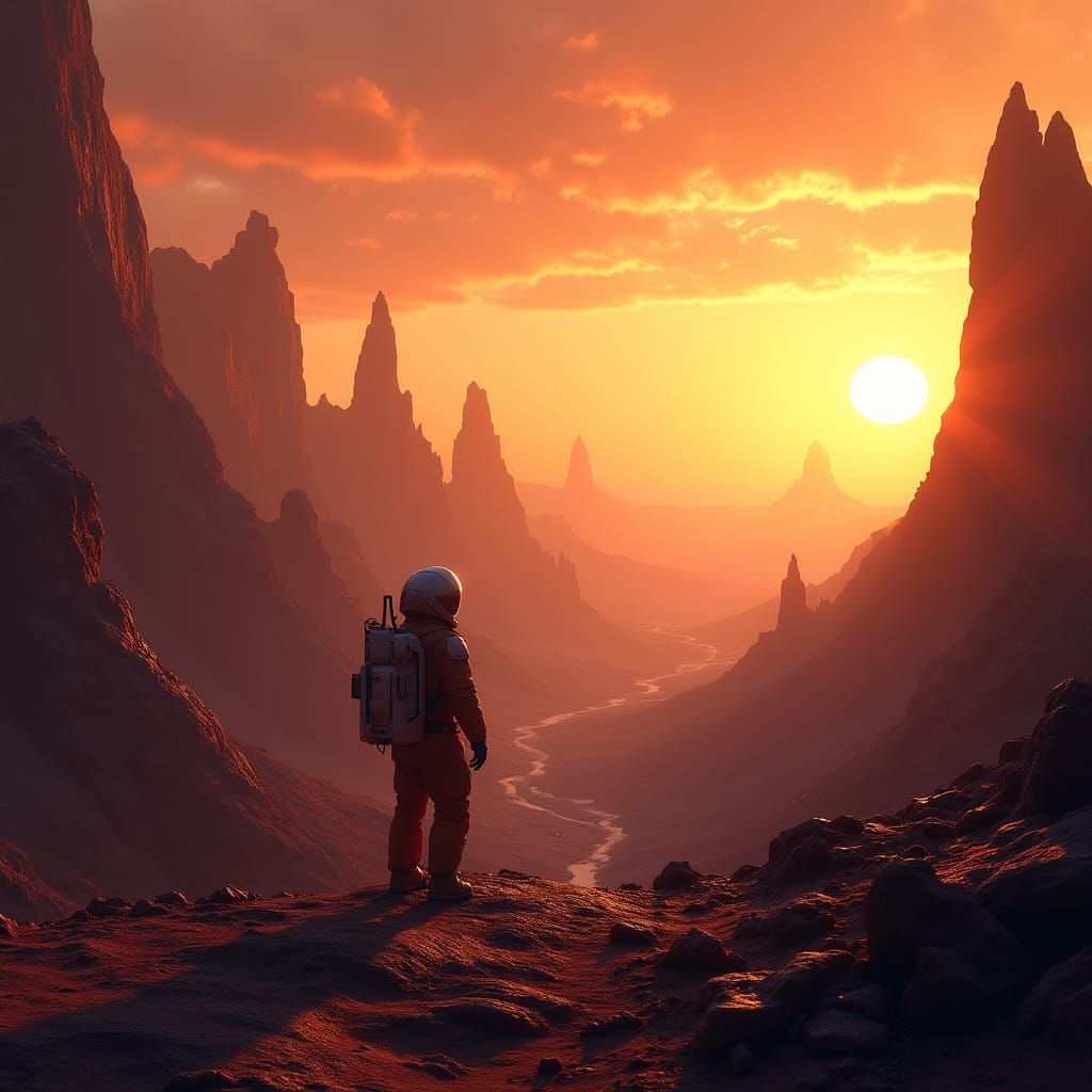 Explorer on Alien Canyon Edge at Binary Sunset