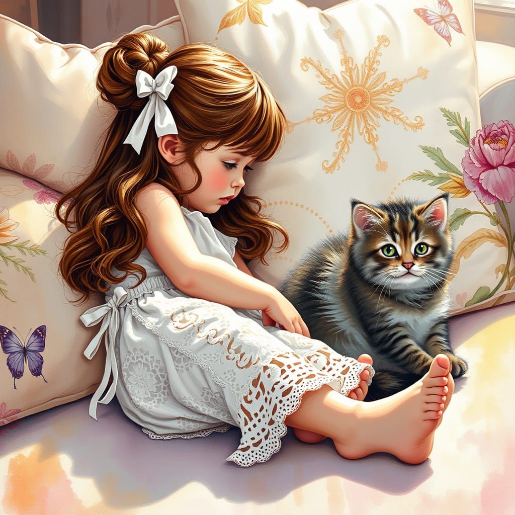 Girl with Kitten in Watercolor Pastel Style