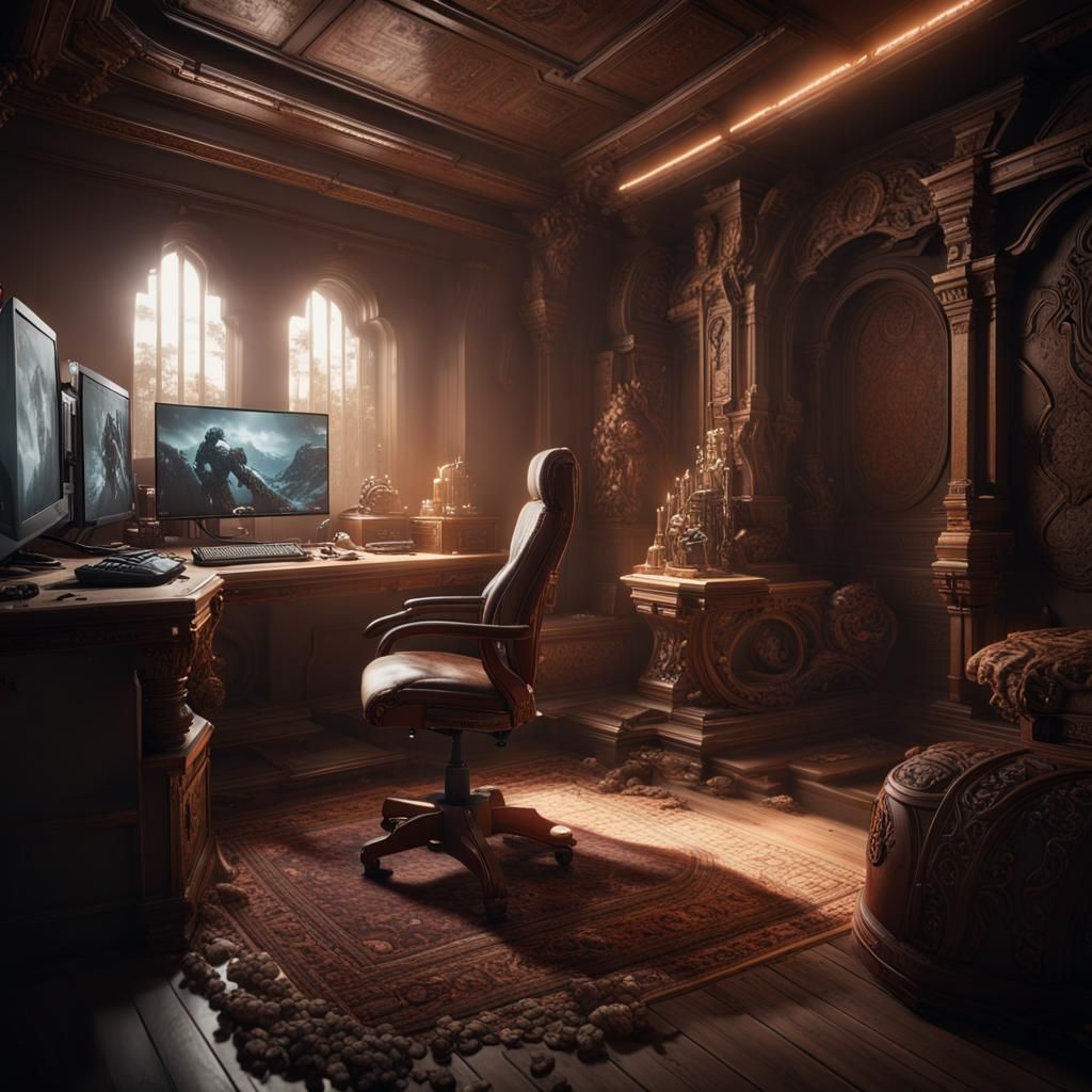 Hyperdetailed Gaming PC Setup with 3D Game