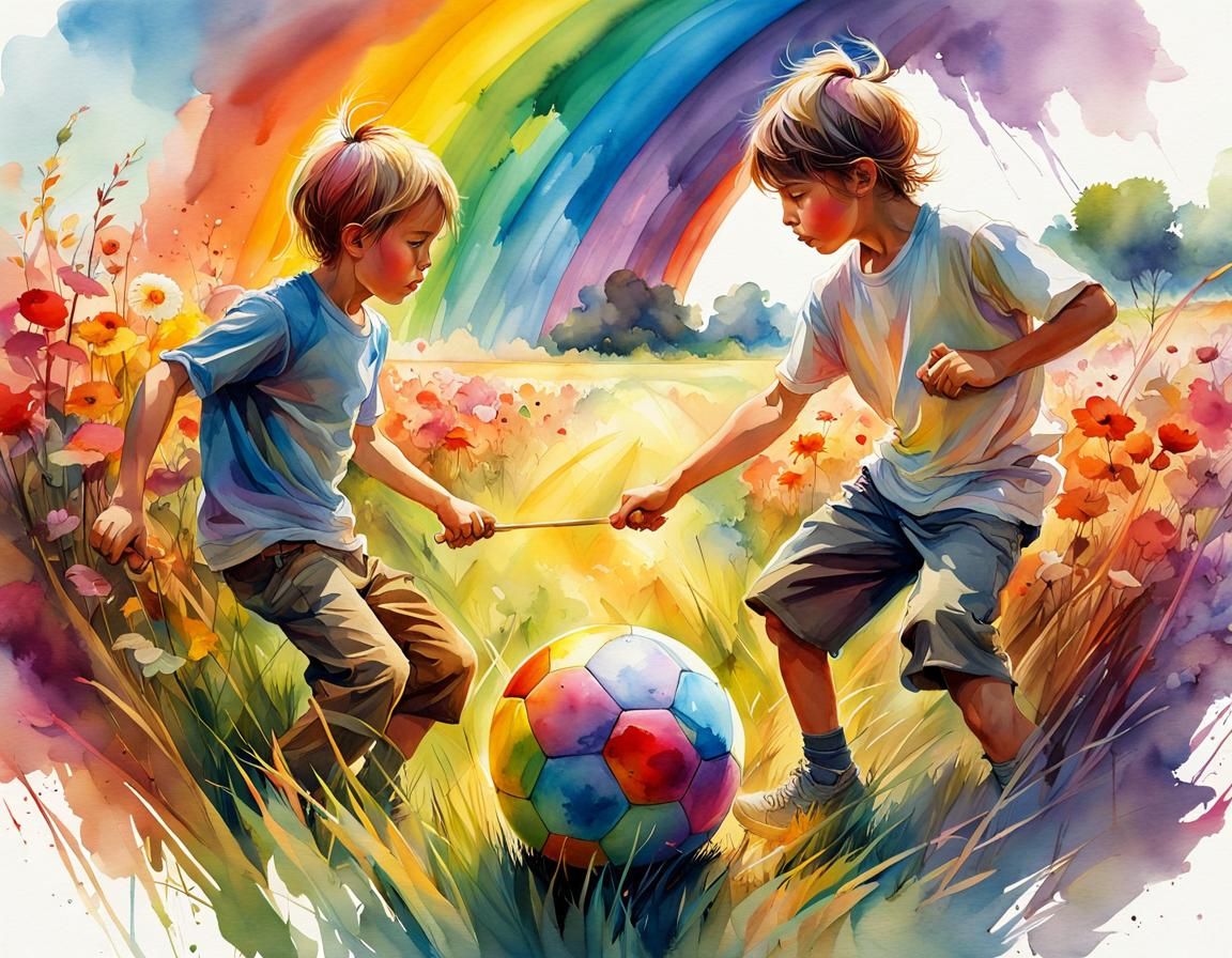 Brothers fighting over a stick and a ball