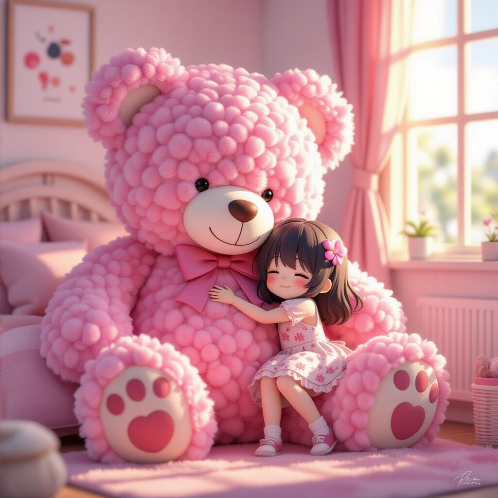 Anime Child Hugs Giant Pom Pom Teddy Bear