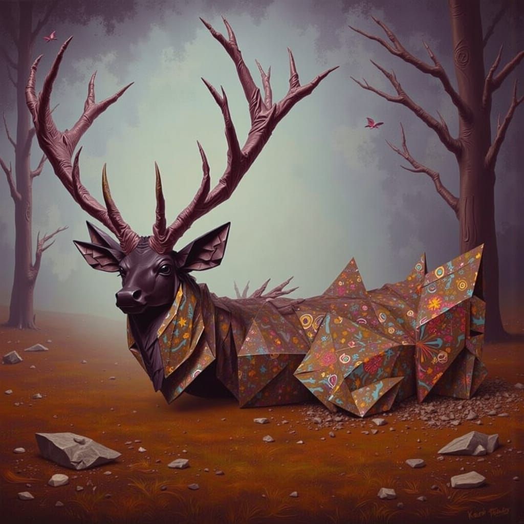 Majestic Stag in Misty Forest: Digital Watercolor