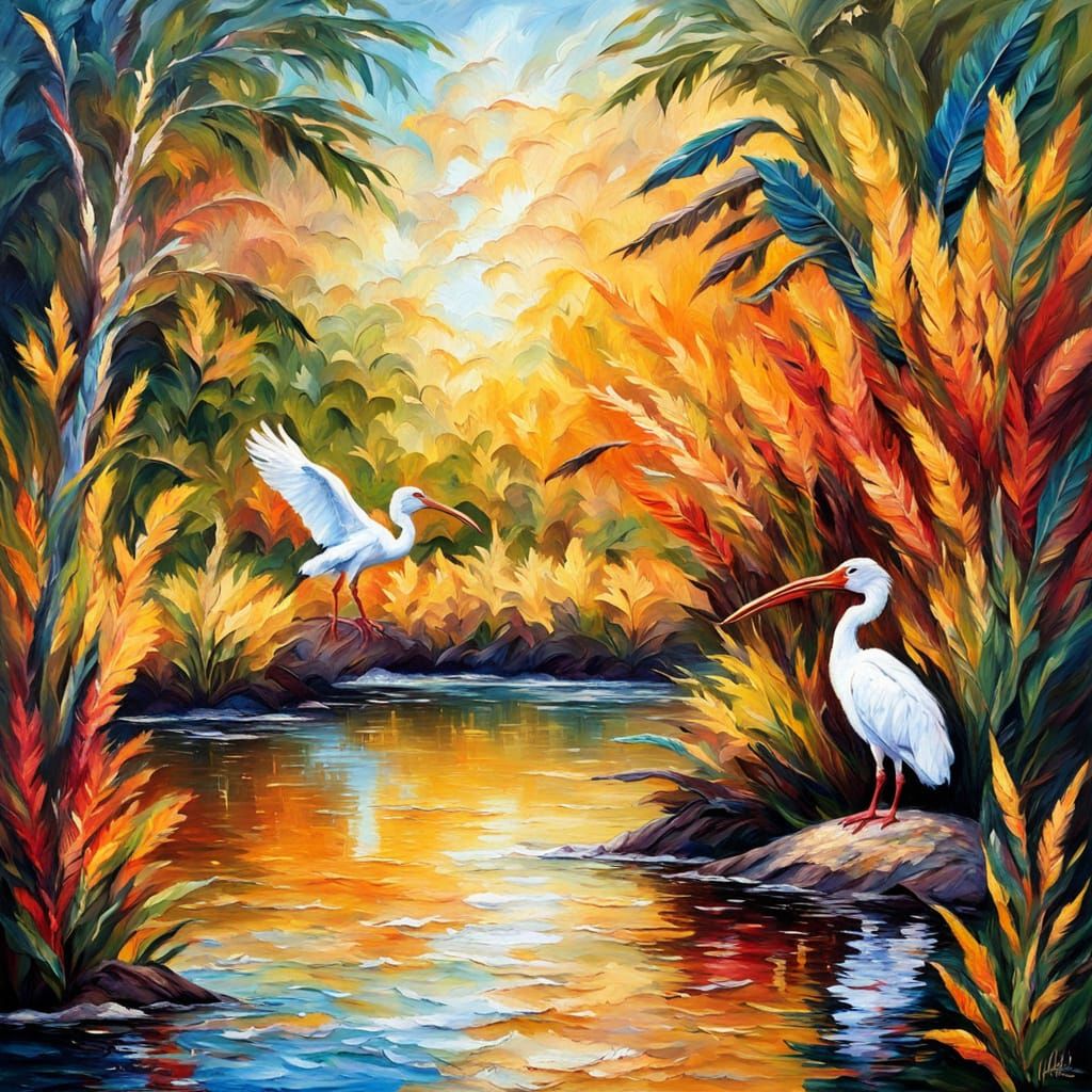 Ibis in Idyllic Inlet as Impasto Oil Painting