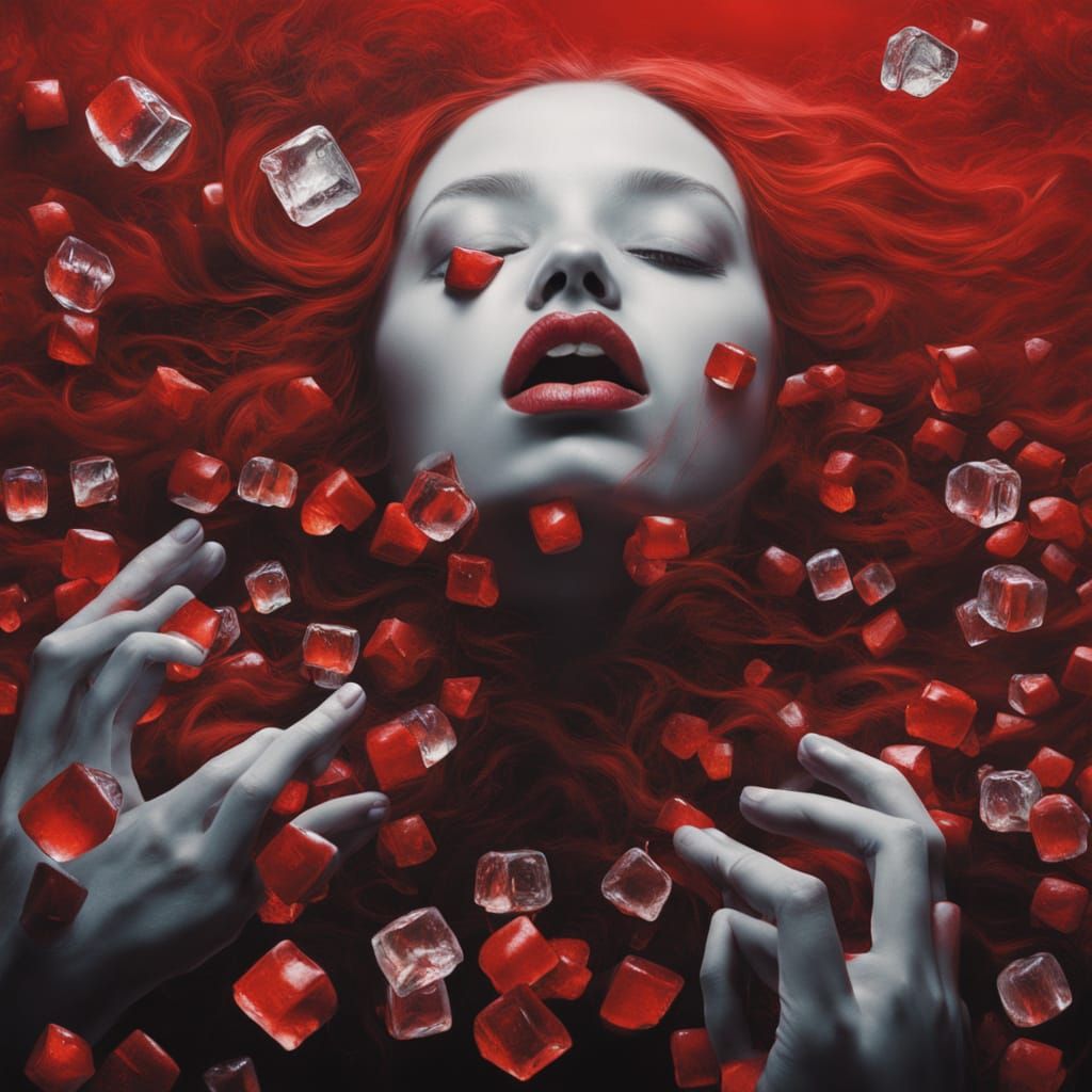 Surreal Figures with Ice Cubes in their Mouths in Deep Red a...