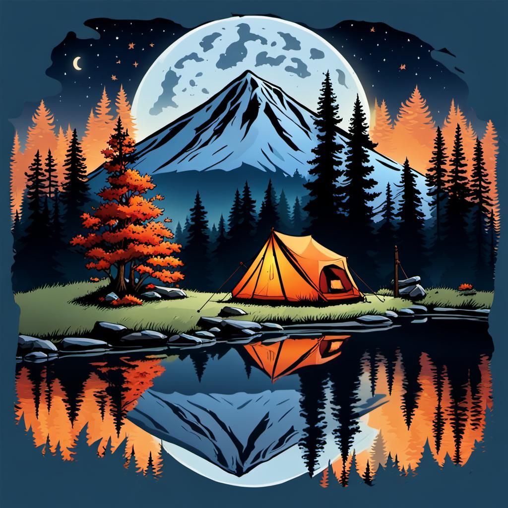 Campsite at Lake Edge with Fire Under Moonlight