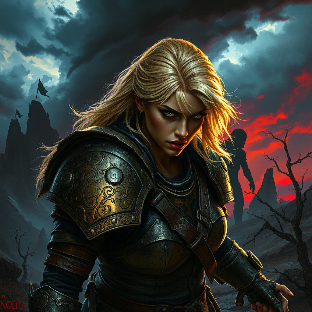 Woman Warrior Battles Shadows in Surreal Landscape