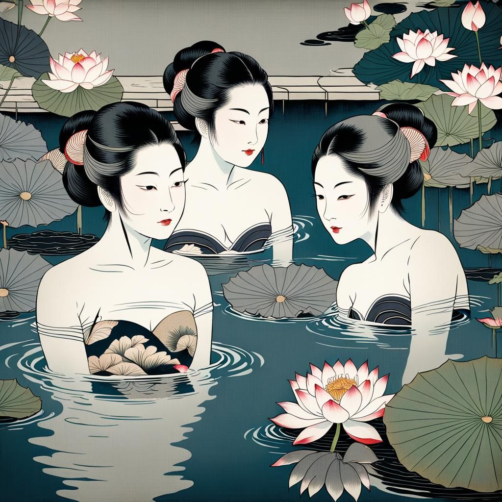 Japanese Women Bathing with Lotus Flowers in Ukiyo-e Style