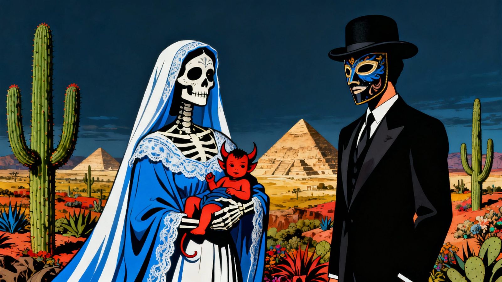 Catrina Holding Baby Devil in Surreal Mexican Landscape