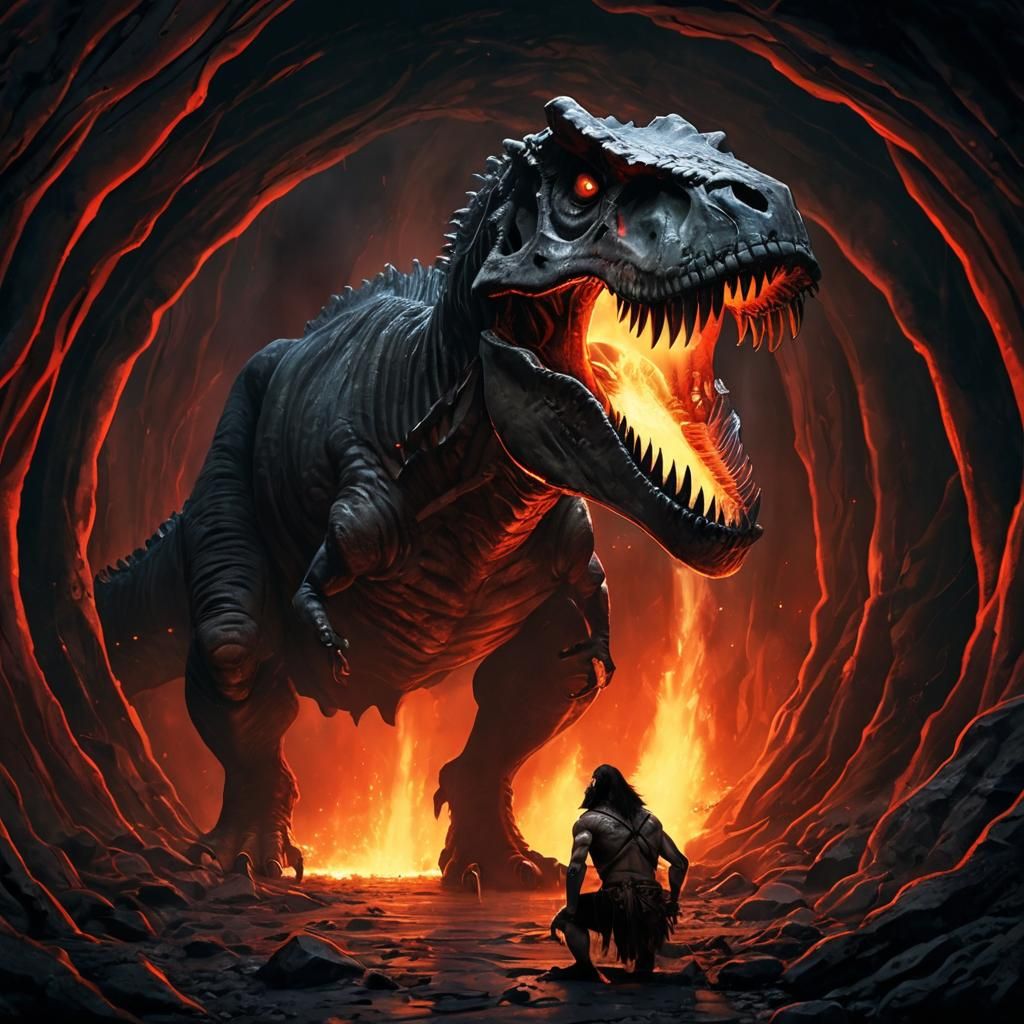 Fiery Skull Rex in Dark Fantasy Cave