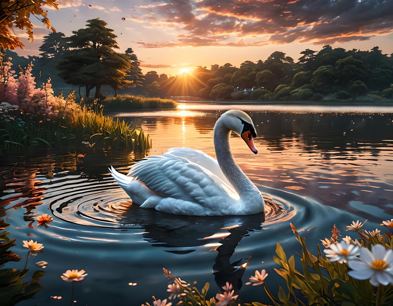 Swan Lake Sunset: Hyperrealistic Anime Key Visual
