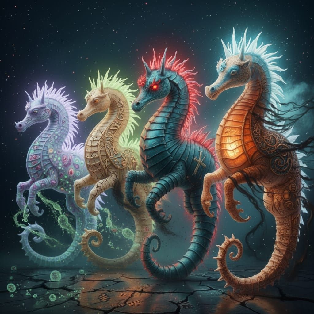 Apocalyptic Seahorses in Ethereal Armor, Unreal Engine Rende...