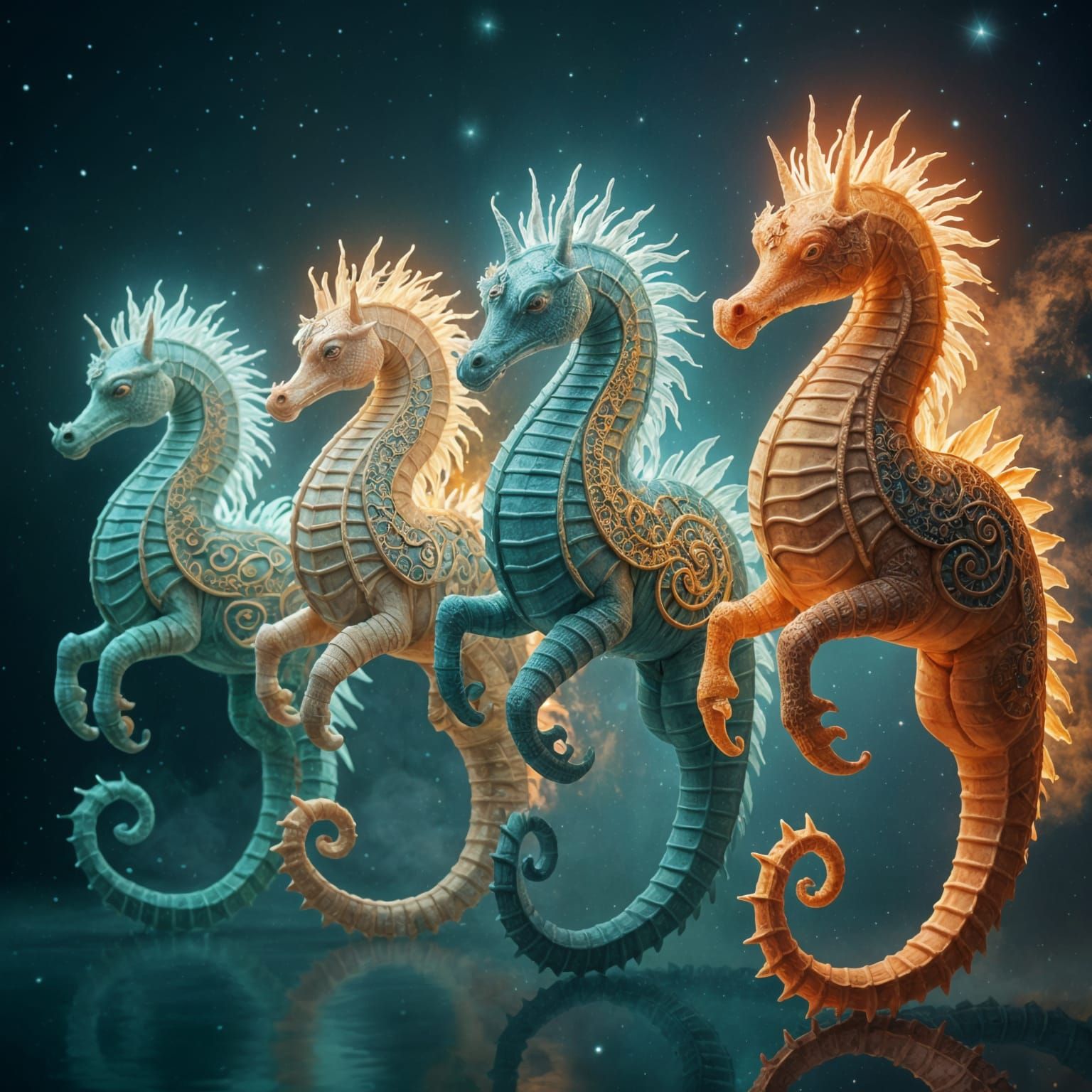 Apocalyptic Seahorses in Ethereal Armor, Unreal Engine Rende...