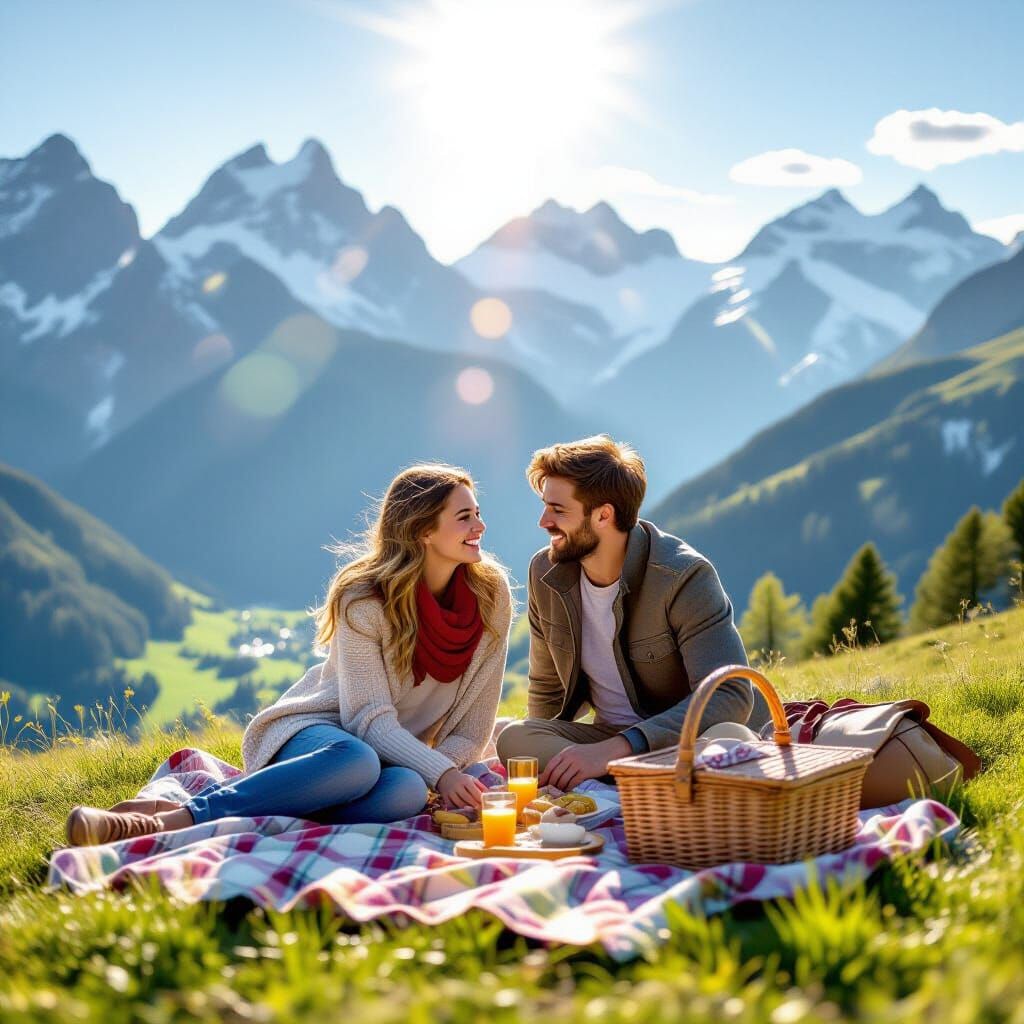 Joyful Couple's Swiss Alps Picnic in Golden Sunlight