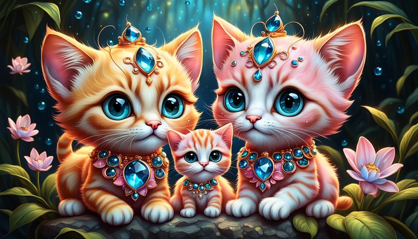 cute ginger chibi cats big eyes smiling holding an baby blue yellow pink jewels,jewels pink fireflies in the style of iv...