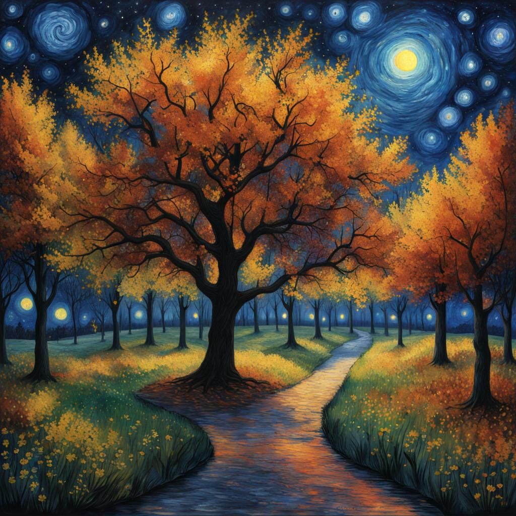 Gothic Oak Tree in Van Gogh Starry Night