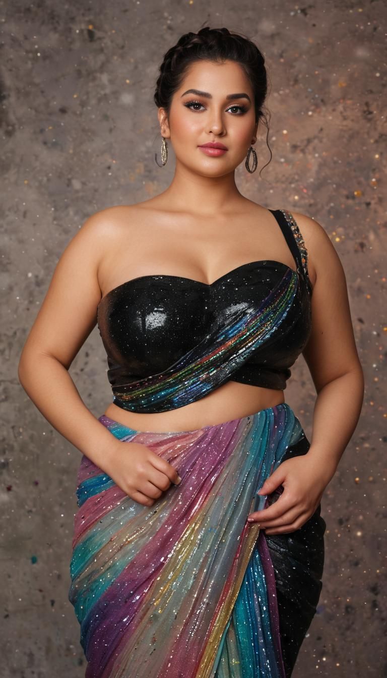 Curvy Woman in Saree: Painterly Studio Portrait