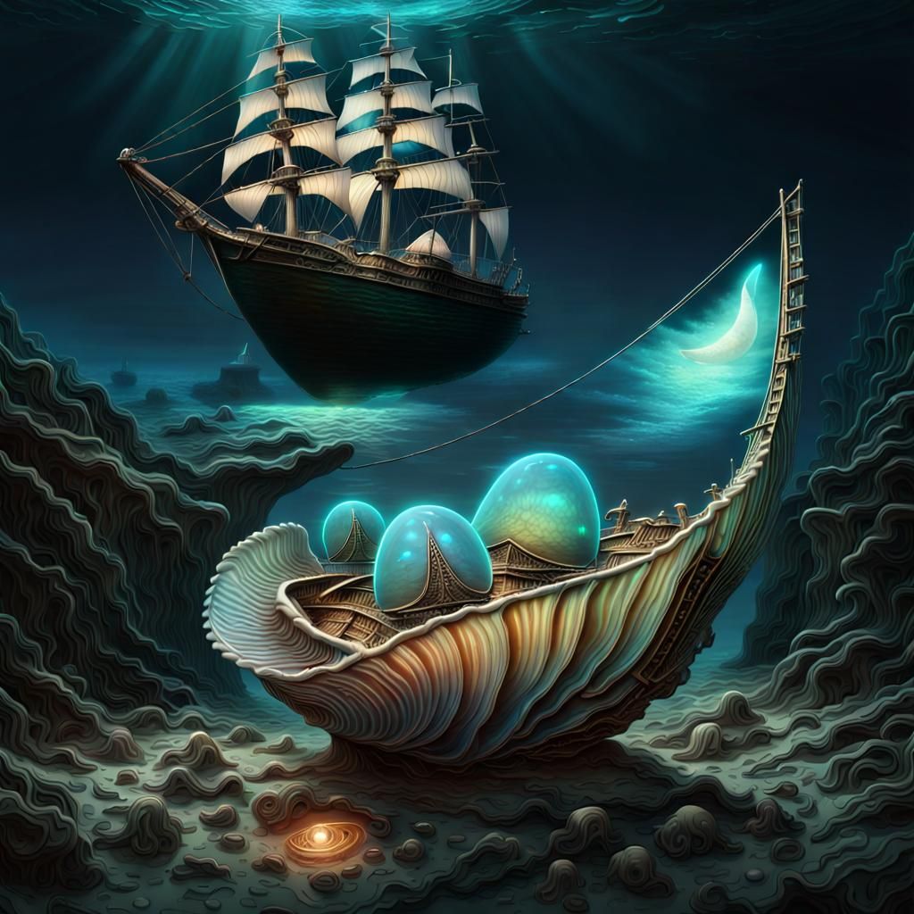 Bioluminescent Shell with Tiny Sailboat