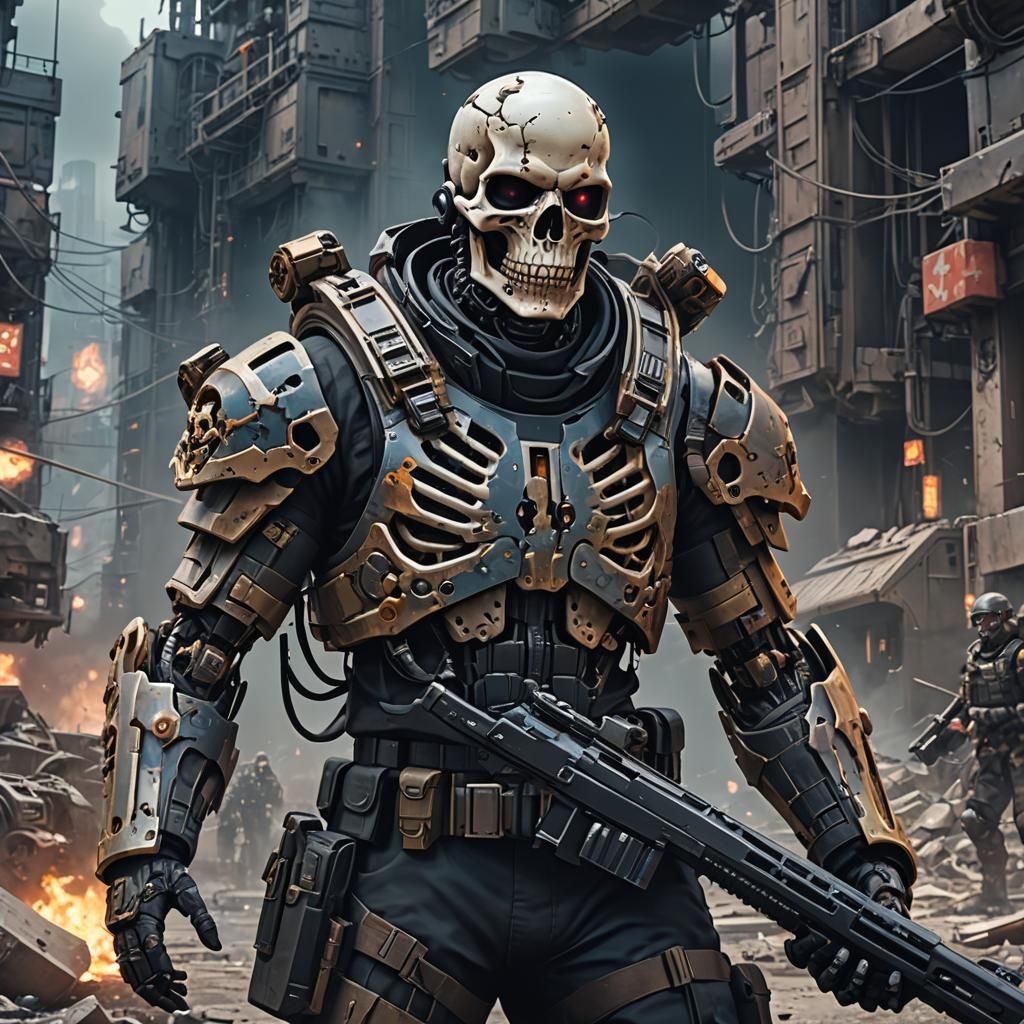 Sci-Fi Anime Soldier with Skull in Dystopian Art