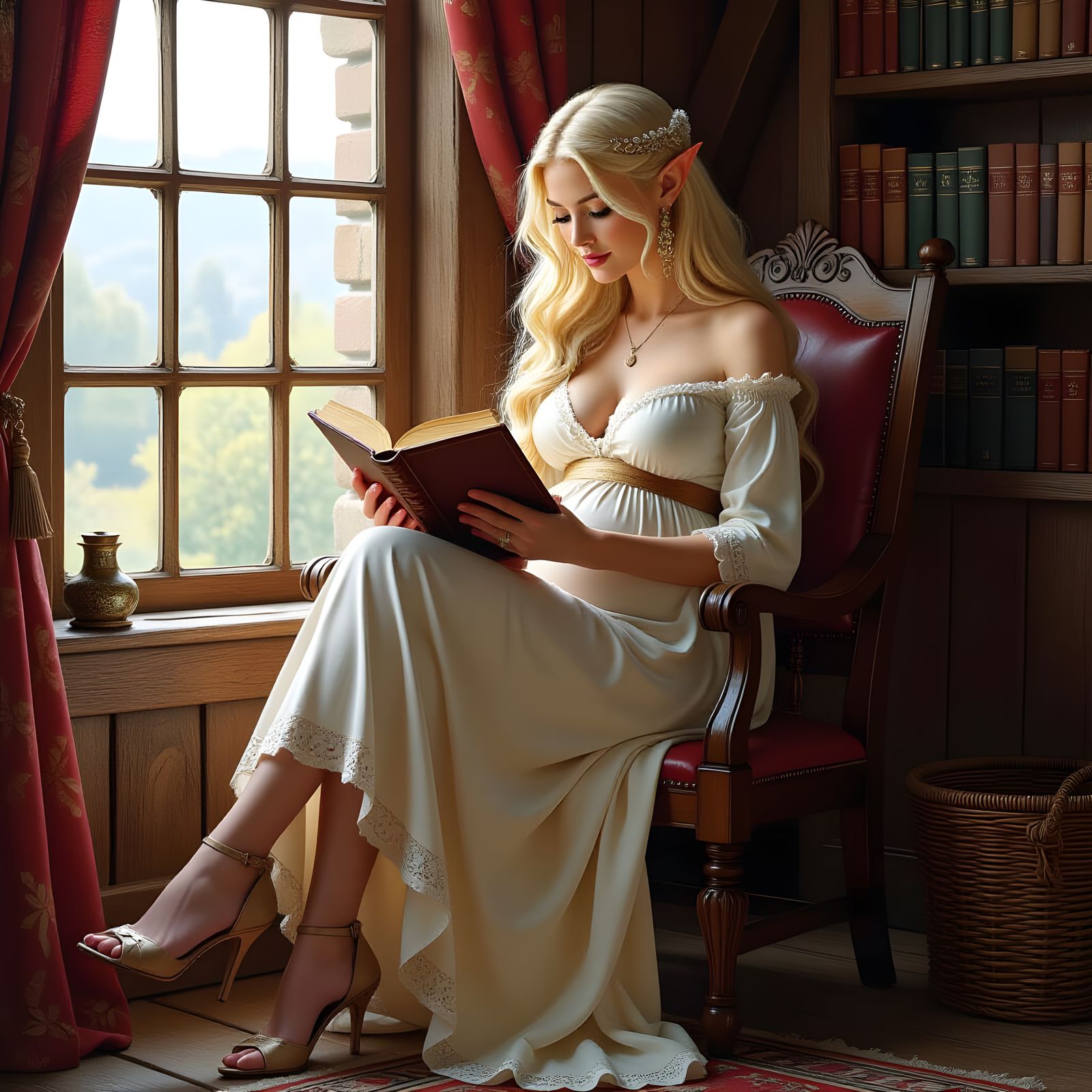 Pregnant Elf Reading in Medieval Room, Pre-Raphaelite Style