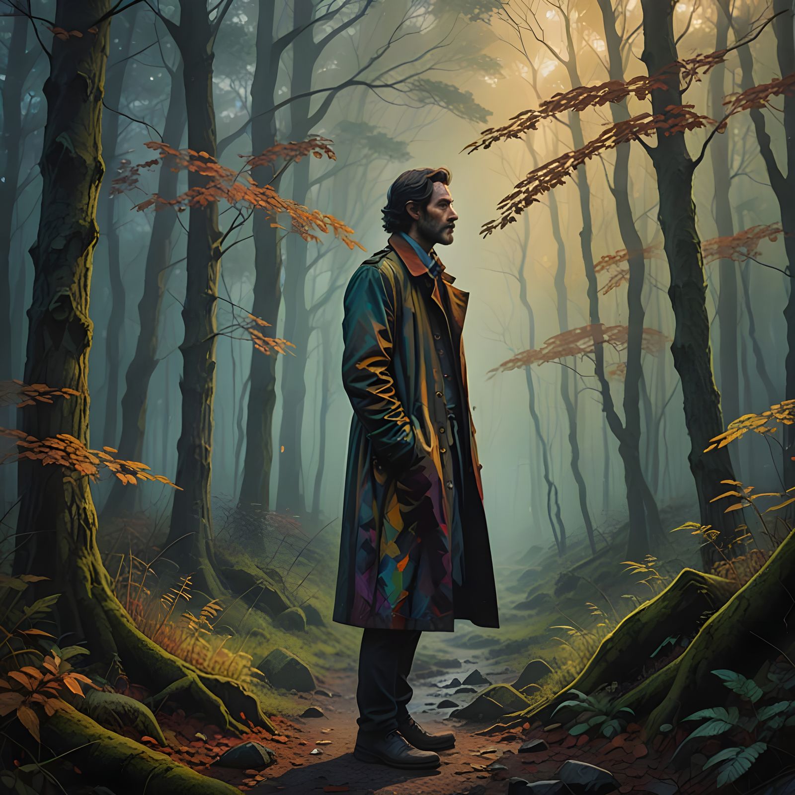 Mysterious Figure in Triadic Forest Landscape