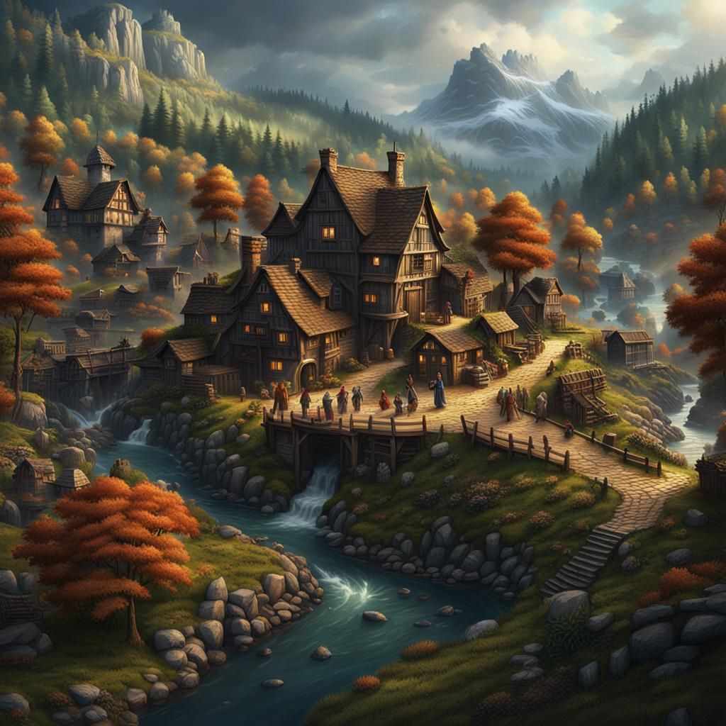 Lumberjack Village with Castle, Fantasy Concept Art