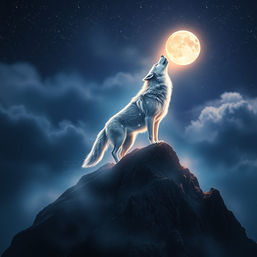 Luminous Wolf Howling at Moon in Fantasy Landscape