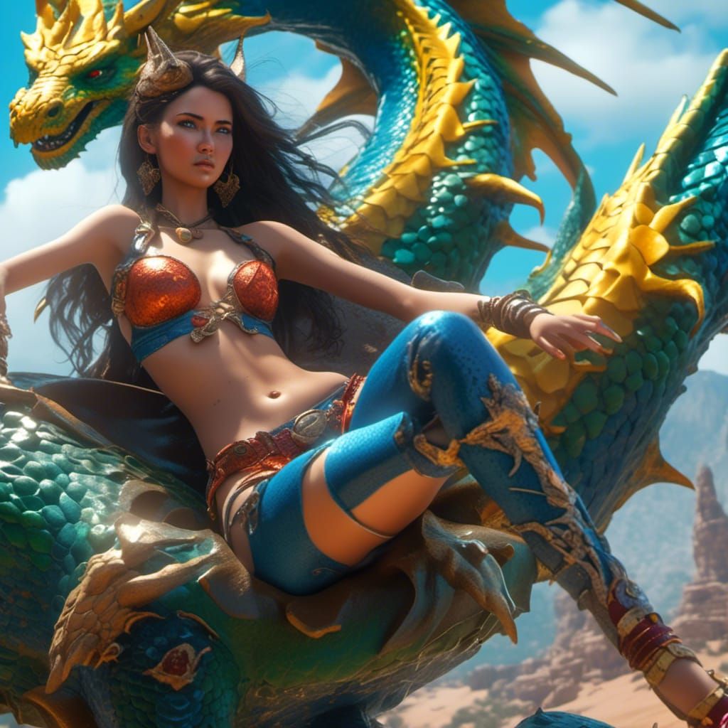 Dragon Pinup Girl in Bikini, Detailed Digital Art