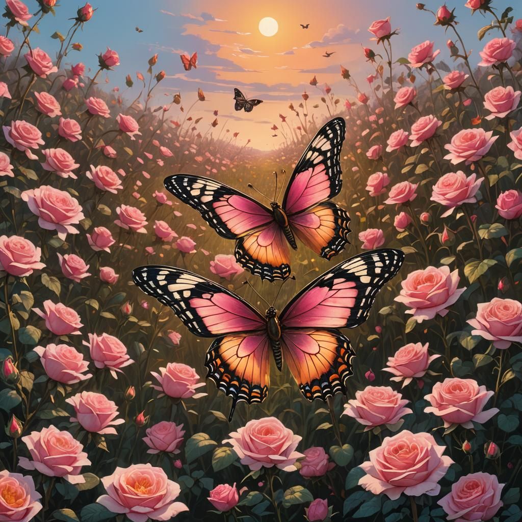 Butterfly in Rose Field: Fantasy Concept Art