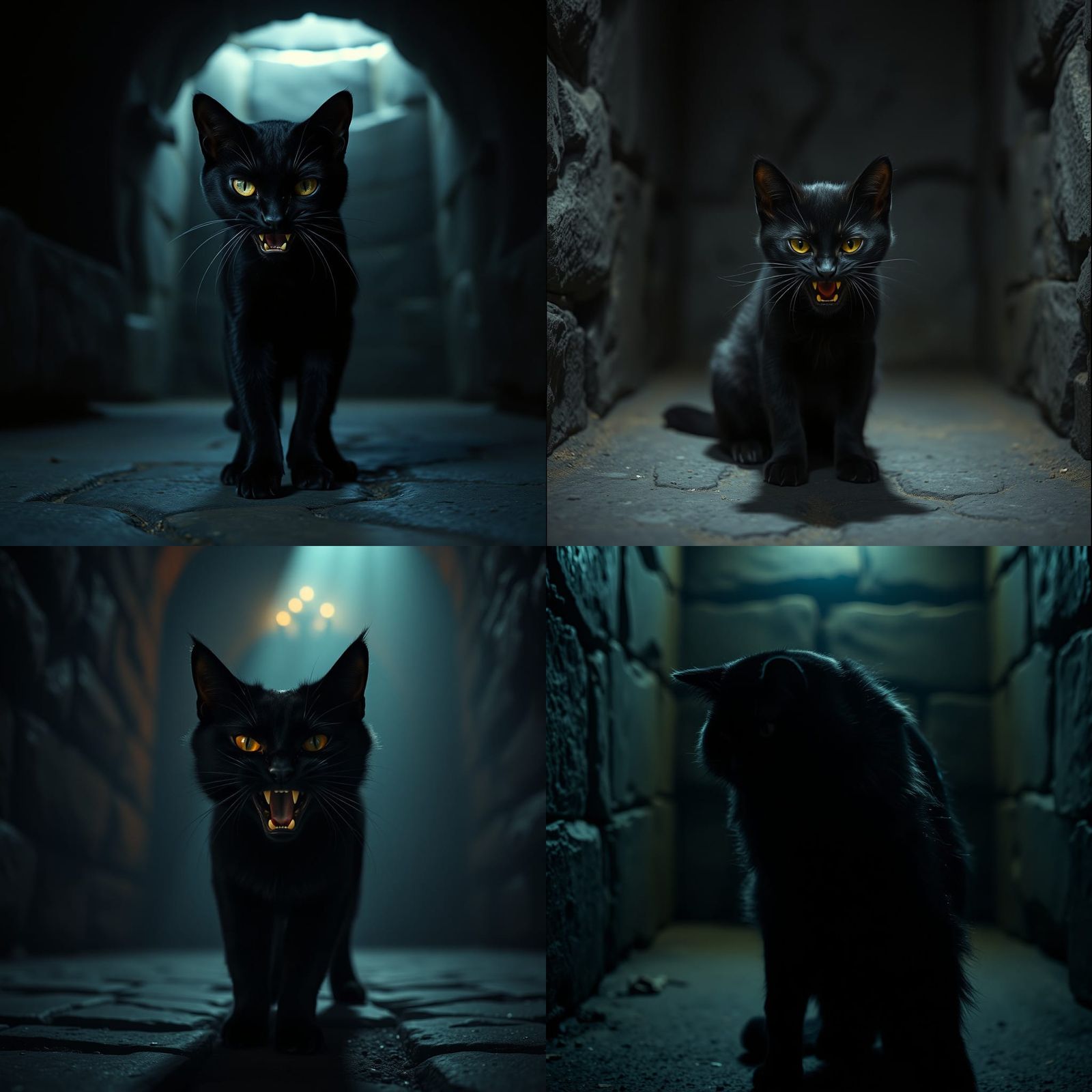 Angry Black Cat in Stone Room: Cinematic Film Still